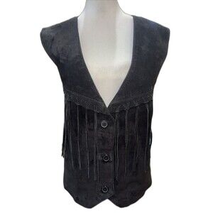 Black Suede Fringe Leather Vest Western Boho Button Front V-Neck Sz 3X Santa Fe